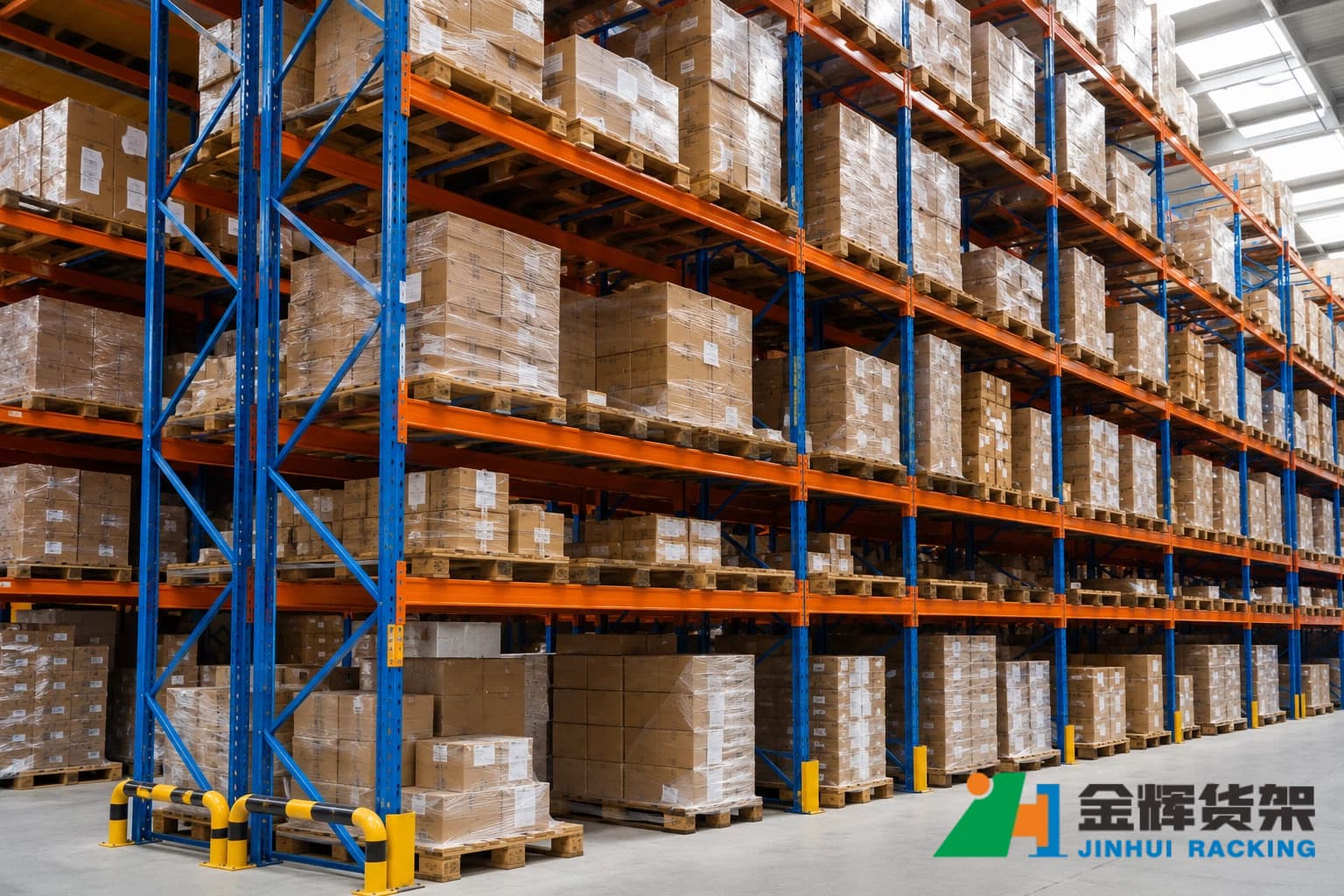 Heavy duty pallet rack upright frames supporting multiple beam levels in an industrial warehouse Heavy duty pallet rack upright frames supporting multiple beam levels in an industrial warehouse
